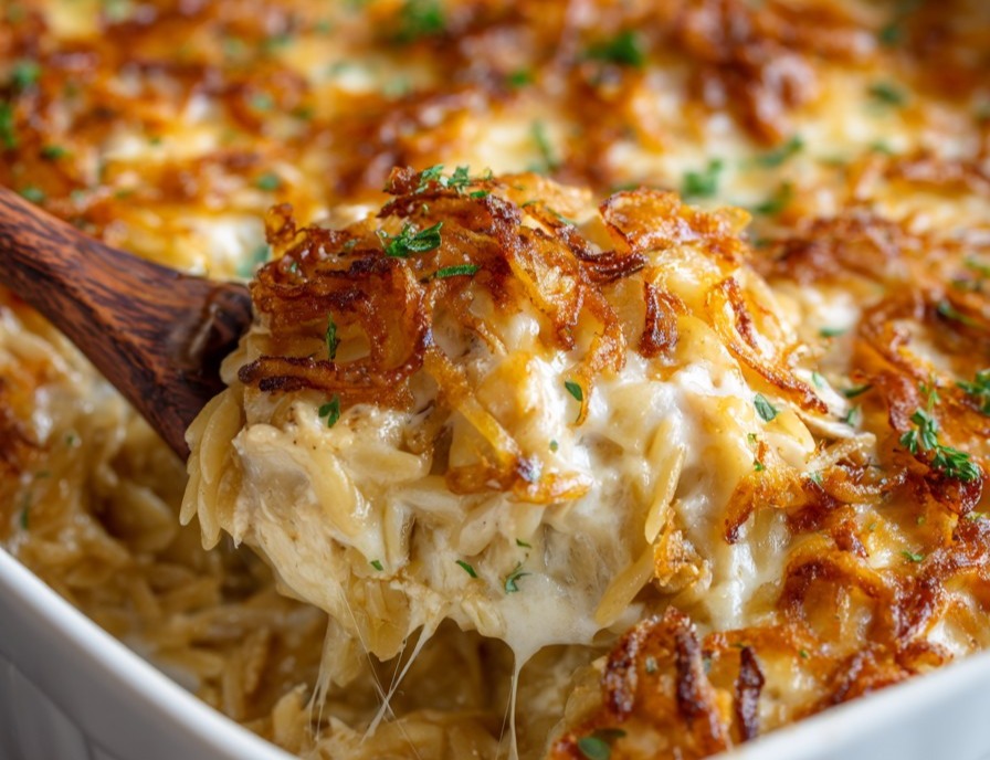 French Onion Chicken Orzo Casserole suggested serving