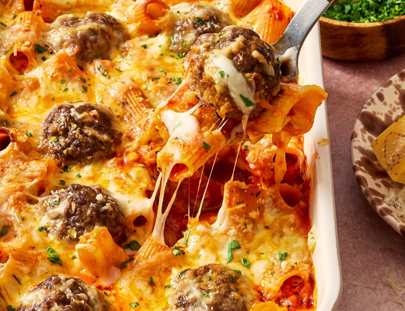 One Pan Meatball Pasta Bake suggested serving